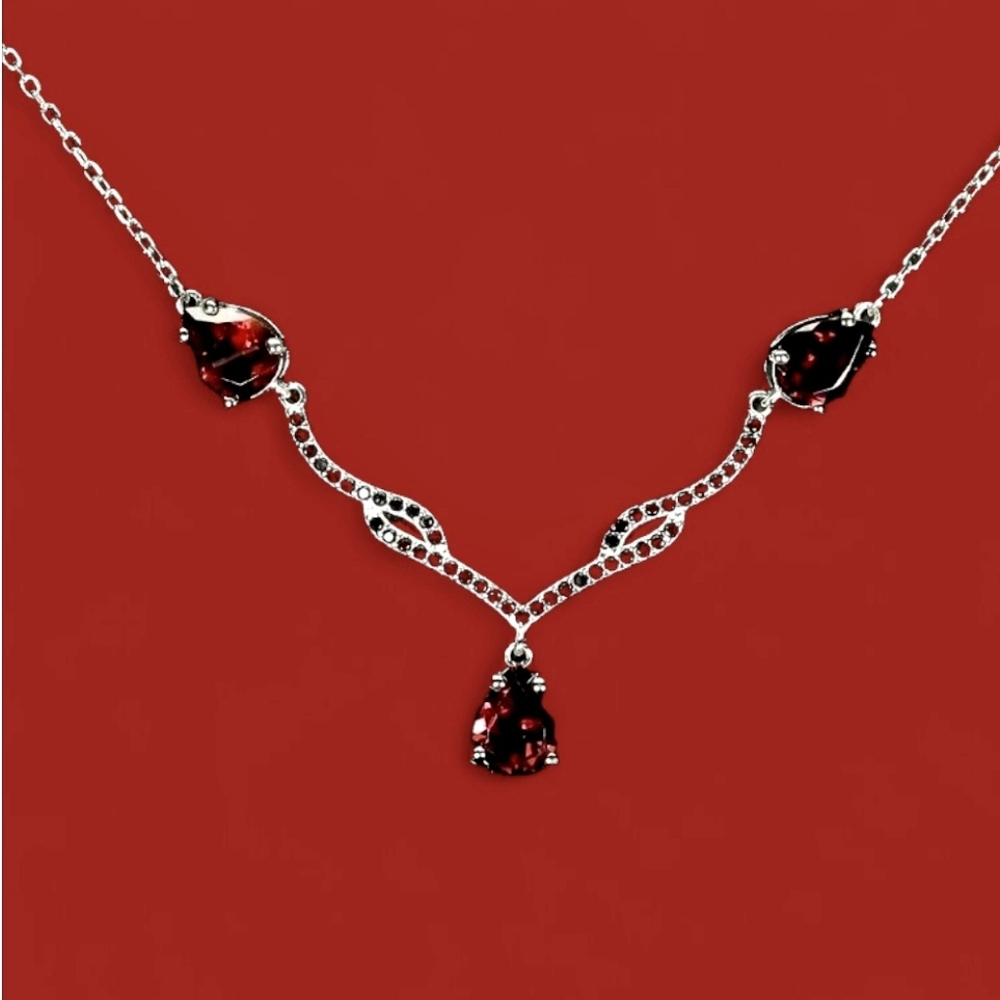 925 Sterling Silver Necklace 18" with Natural Rhodolite Garnet 8x6mm & Spinel